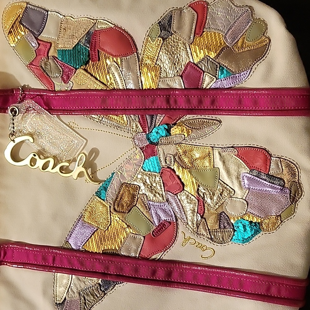 Coach Rare Multicolor Sequin, Metalic, and Mosiac Leather Butterfly Canvas Tote - Picture 3 of 17
